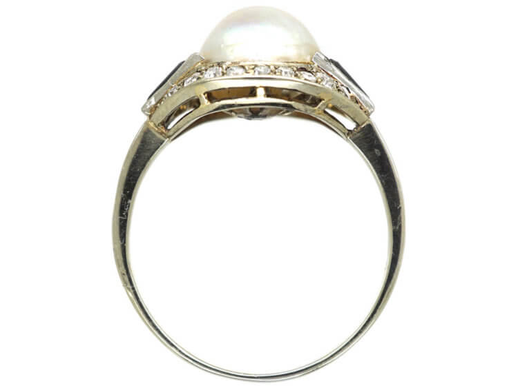 Art Deco 18ct White Gold, Onyx, Pearl & Diamond Ring