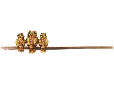 Edwardian 9ct Gold Three Owls on a Bar Brooch