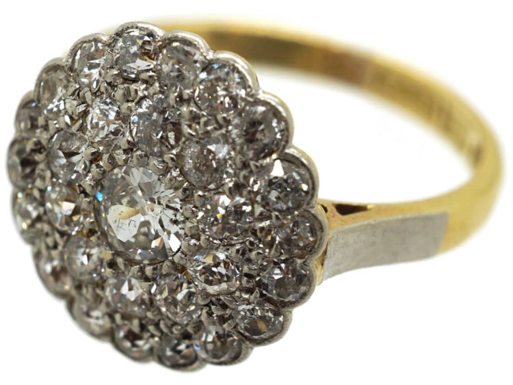 Late Edwardian 18ct Gold & Platinum, Diamond Triple Row Pave Set Cluster Ring