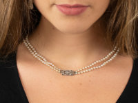 Two Row Graduated Pearl Necklace with Diamond Clasp