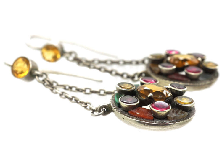 Victorian Scottish Silver, Citrine, Garnet & Agate Drop Earrings