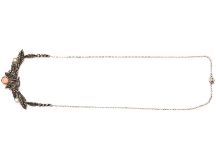 Art Deco Silver, Marcasite, Coral & Pearl Necklace