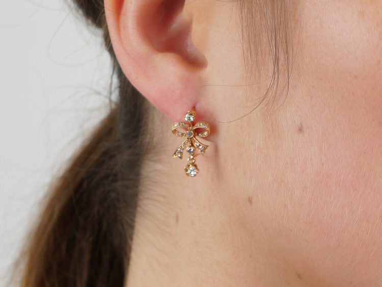 Belle Epoque French 18ct Gold & Diamond Bow Earrings
