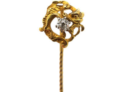French Art Nouveau Platinum & 18ct Gold Dragon & Diamond Tie Pin
