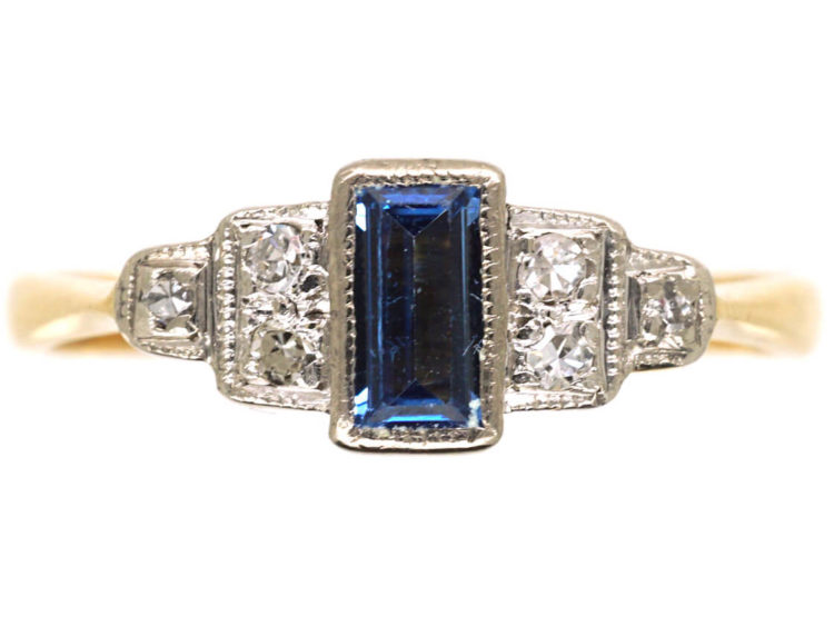 Art Deco 18ct Gold & Platinum, Sapphire & Diamond Step Cut Ring