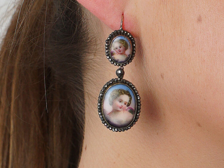 Victorian Cut Steel & Porcelain Cherub Drop Earrings