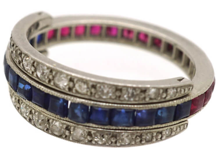 Art Deco Platinum, Ruby, Sapphire ​& Diamond Flipover Night and Day Ring