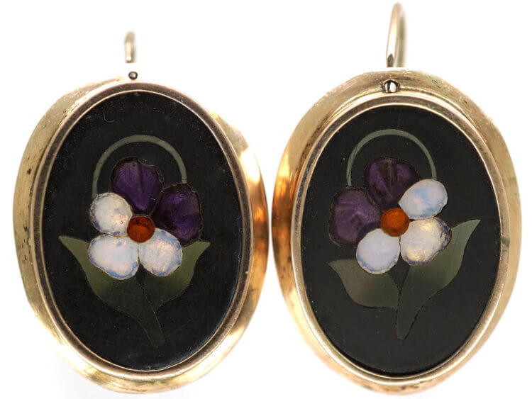Victorian 9ct Gold & Pietra Dura Flower Earrings