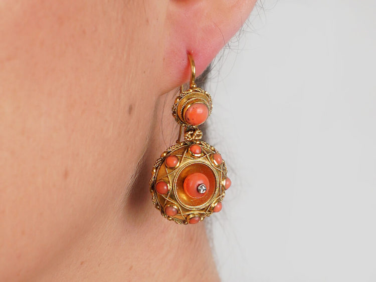 18ct Gold & Coral Victorian Drop Earrings