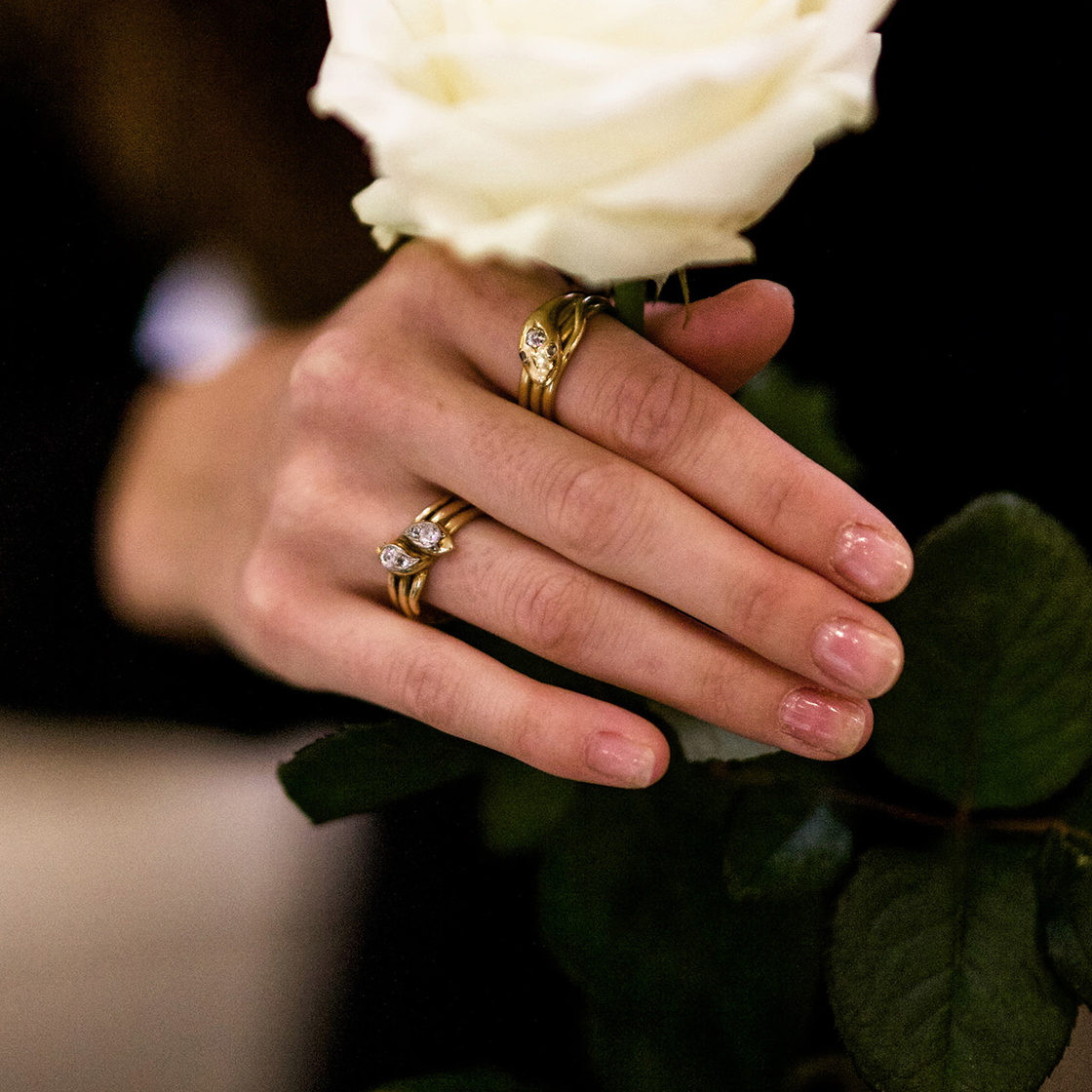 Edwardian 18ct Gold, Platinum & Diamond Double Snake Ring