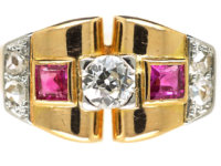 Art Deco 18ct Gold, Ruby & Diamond Geometric Ring