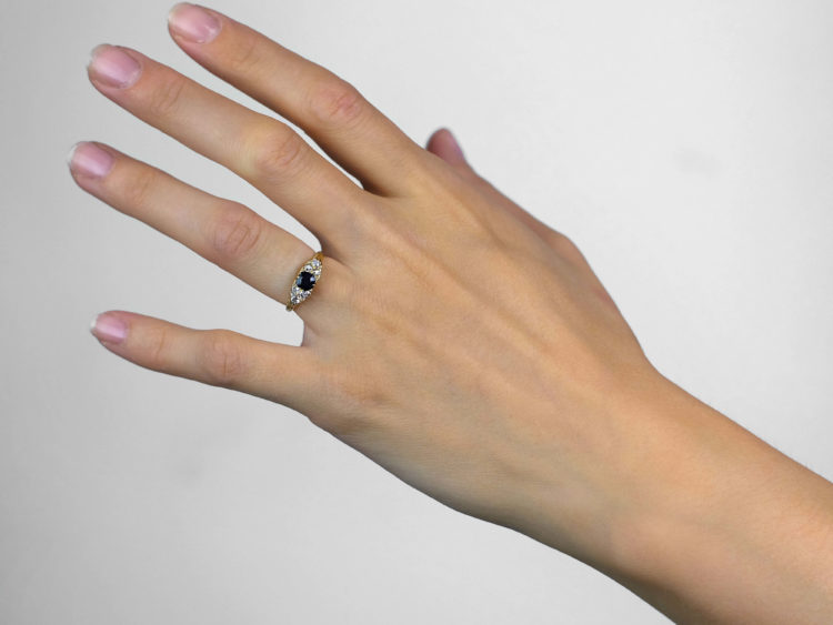 Edwardian 18ct Gold Carved Half Hoop Sapphire & Diamond Ring