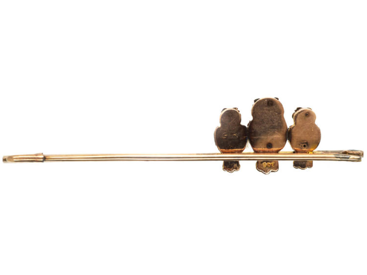 Edwardian 9ct Gold Three Owls on a Bar Brooch