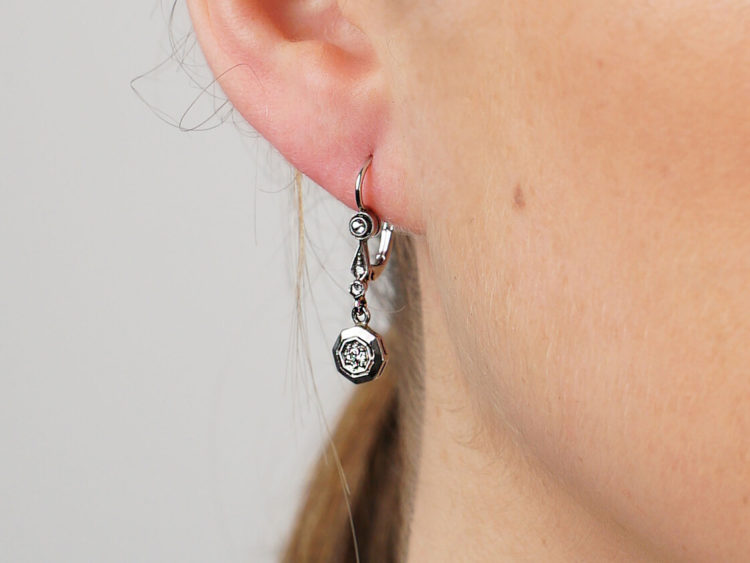 Art Deco 14ct White Gold & Diamond Drop Earrings