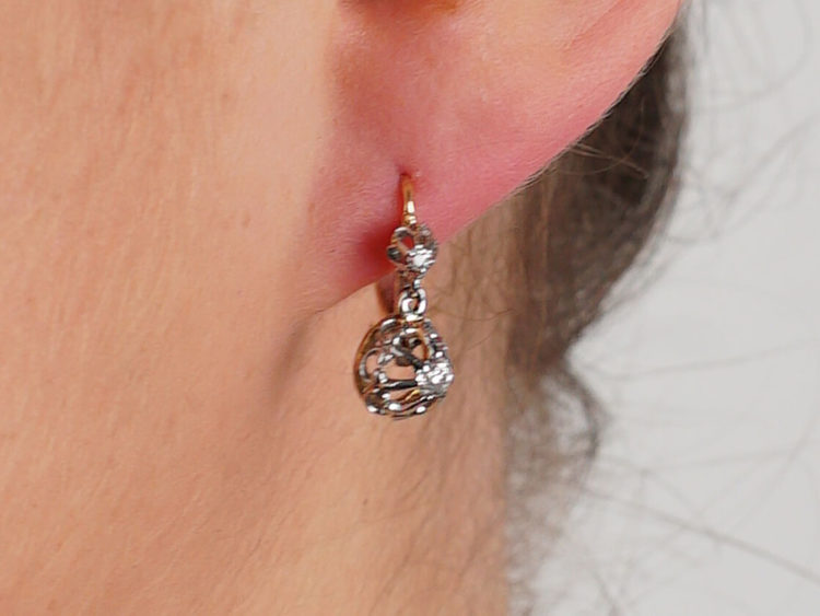 French 18ct Gold Two Stone Diamond Drop Earrings