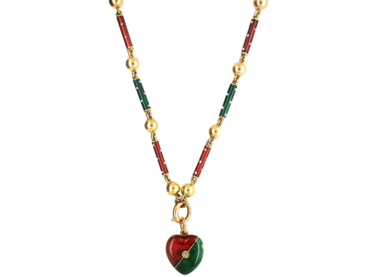 Edwardian 15ct Gold, Green & Red Enamel Heart Locket set with a Diamond on matching 15ct Gold Green & Red Enamel Chain