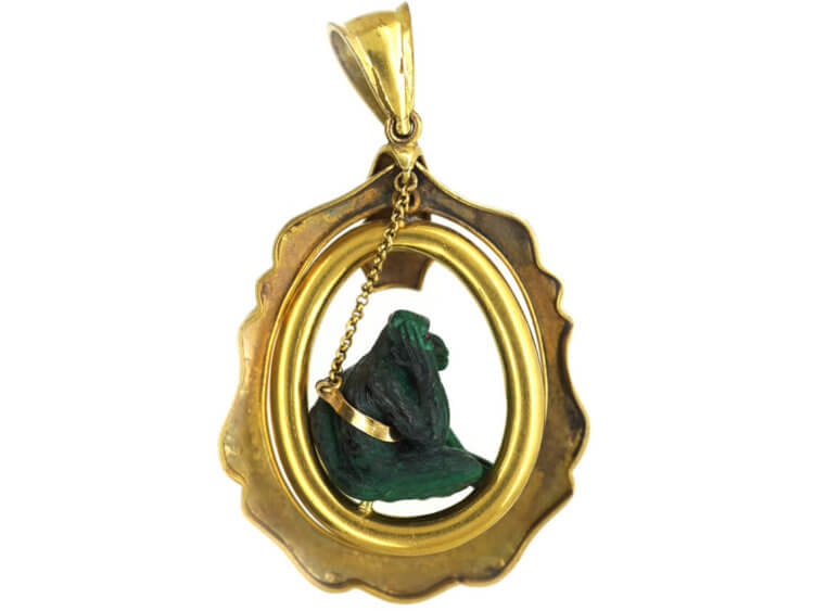 Victorian 18ct Gold & Malachite Carved Monkey Pendant
