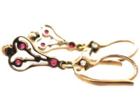 Art Nouveau Ruby, Natural Pearl & Rose Diamond Small Drop Earrings