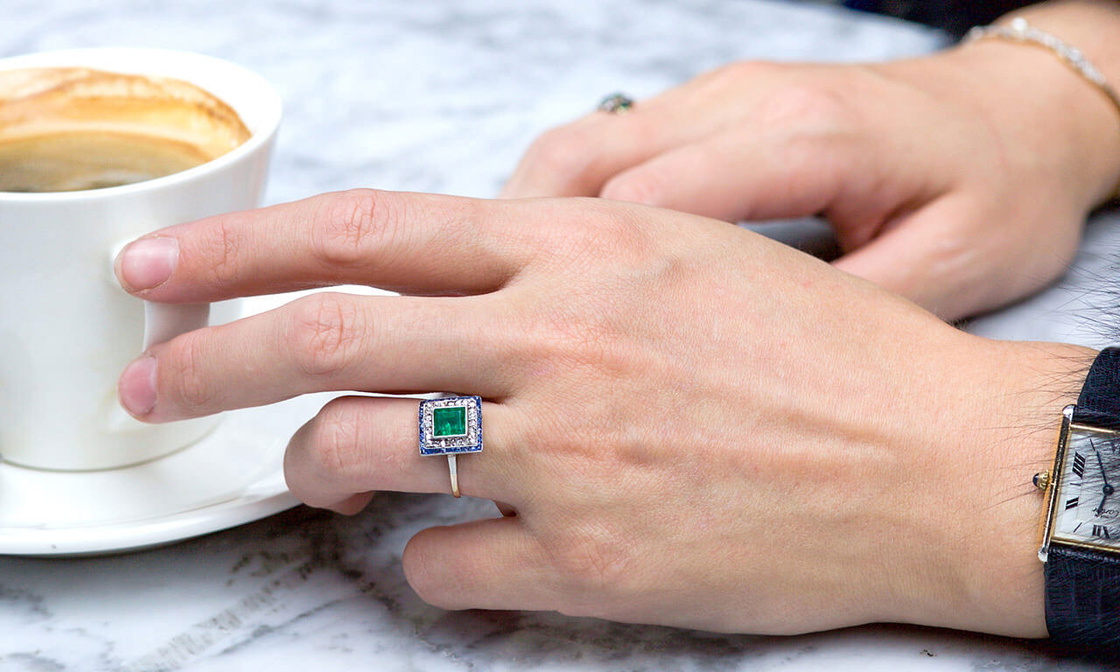 Art Deco Sapphire, Emerald & Diamond Square Ring
