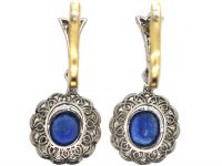 Edwardian Platinum & 18ct Gold , Sapphire & Diamond Oval Cluster Drop Earrings