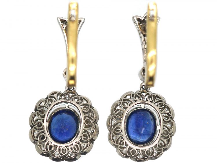 Edwardian Platinum & 18ct Gold , Sapphire & Diamond Oval Cluster Drop Earrings