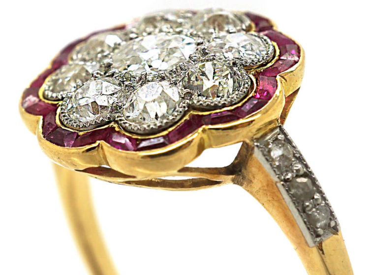 Art Deco 18ct Gold & Platinum, Diamond & Ruby Cluster Ring