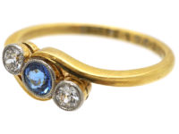 Edwardian 18ct Gold & Platinum, Sapphire & Diamond Crossover Ring