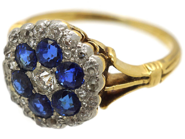 Edwardian 18ct Gold, Diamond & Sapphire Hexagonal Cluster Ring
