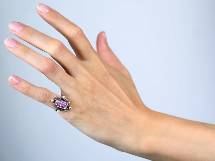 Edwardian 15ct Gold, Pink Topaz, Diamond & Natural Split Pearl Ring