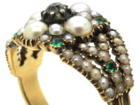 Georgian 15ct Gold, Natural Split Pearl, Diamond & Emerald Cluster Ring