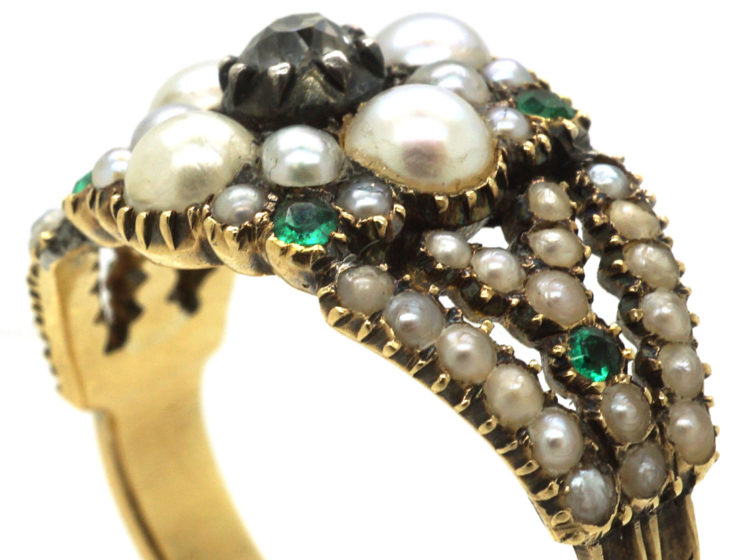 Georgian 15ct Gold, Natural Split Pearl, Diamond & Emerald Cluster Ring