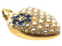 Edwardian 15ct Gold, Natural Split Pearl, Sapphire & Diamond Heart Shaped Pendant