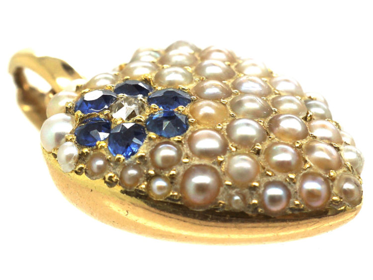 Edwardian 15ct Gold, Natural Split Pearl, Sapphire & Diamond Heart Shaped Pendant
