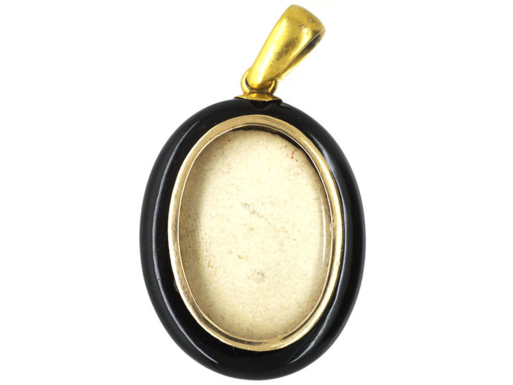 Victorian 18ct Gold, Onyx, Natural Pearl & Rose Diamond Oval Pendant with Locket Back
