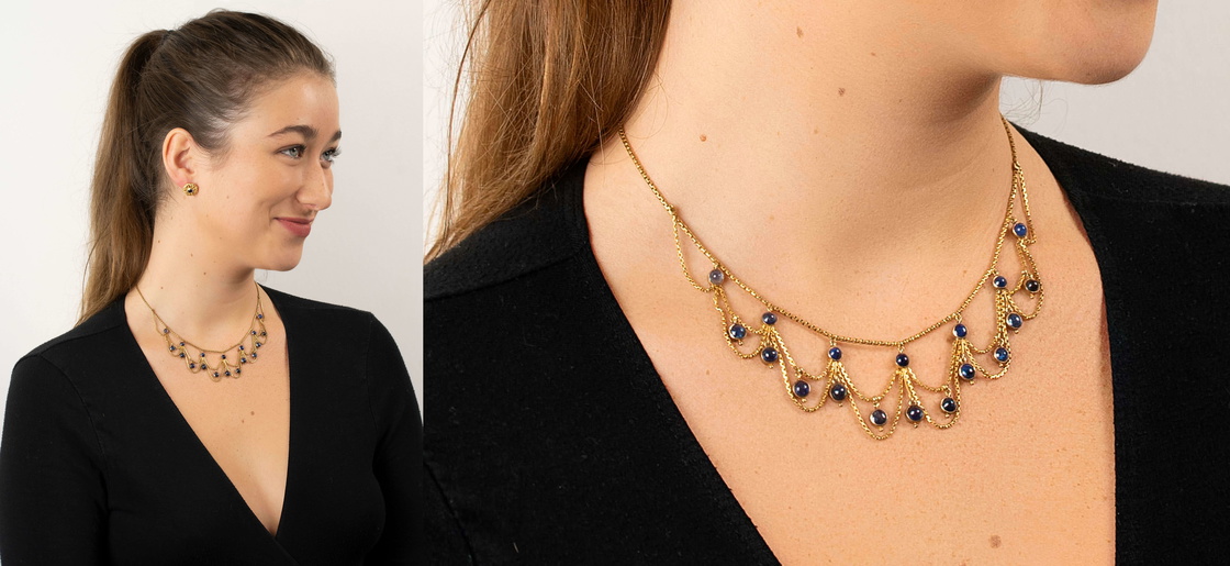 Edwardian 18ct Gold & Cabochon Sapphire Festoon Necklace