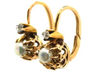French 18ct Gold, Natural Pearl & Rose Diamond Small Earrings