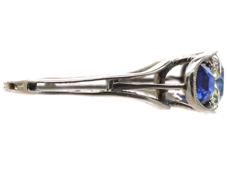 French Art Deco Platinum, Three Stone Sapphire & Diamond Ring