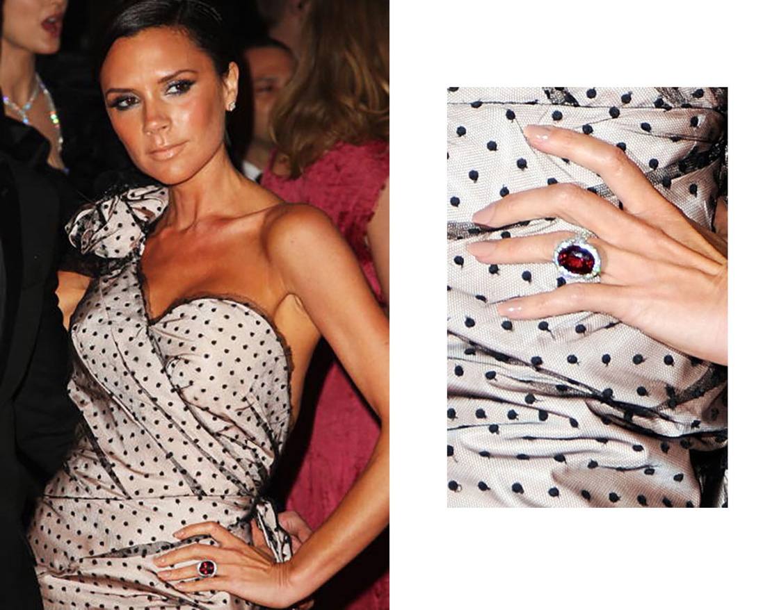 Victoria Beckham, 2009 in New York City, wearing one of her 14 engagement rings 