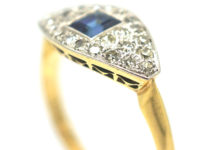 Art Deco 18ct Gold & Platinum Square Cut Sapphire & Diamond Boat Shaped Ring
