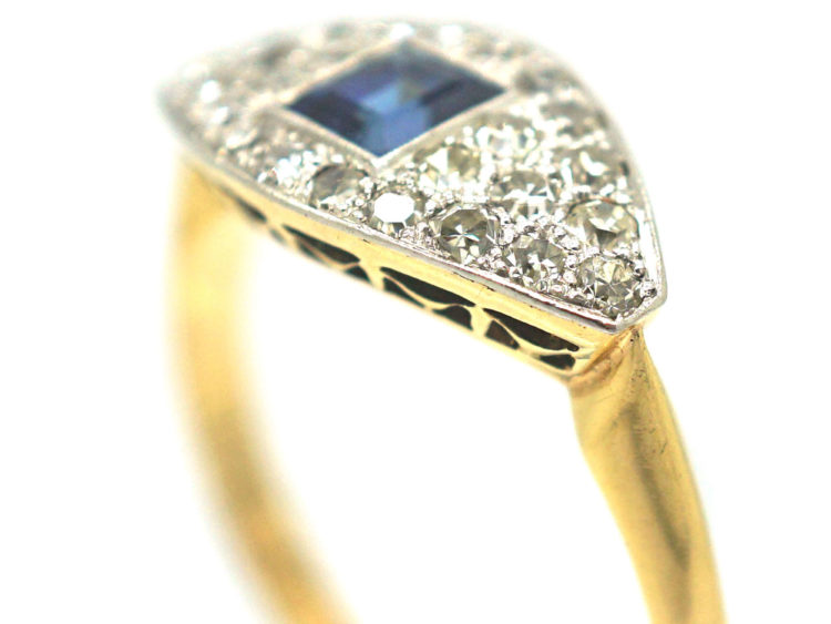 Art Deco 18ct Gold & Platinum Square Cut Sapphire & Diamond Boat Shaped Ring