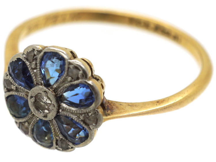 Art Deco 18ct Gold & Platinum, Sapphire & Diamond Cluster Ring