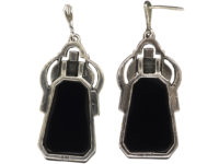 Art Deco Silver, Onyx & Marcasite Drop Earrings