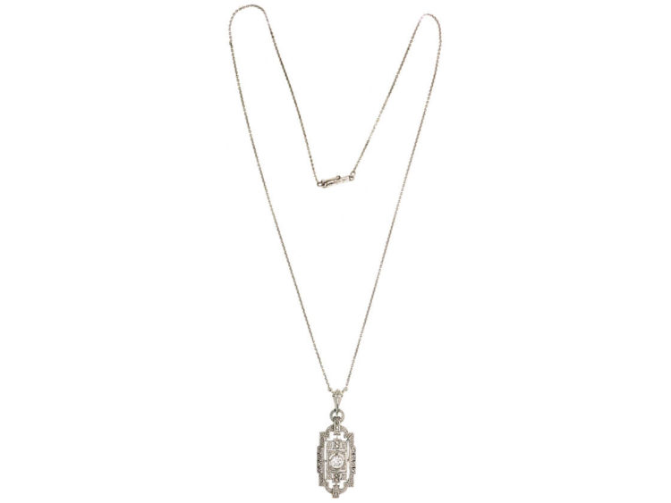 Art Deco 14ct White Gold & Diamond Pendant on 14ct White Gold Chain