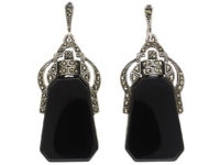 Art Deco Silver, Onyx & Marcasite Drop Earrings