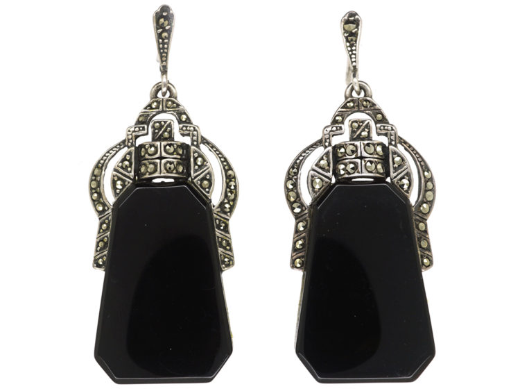 Art Deco Silver, Onyx & Marcasite Drop Earrings