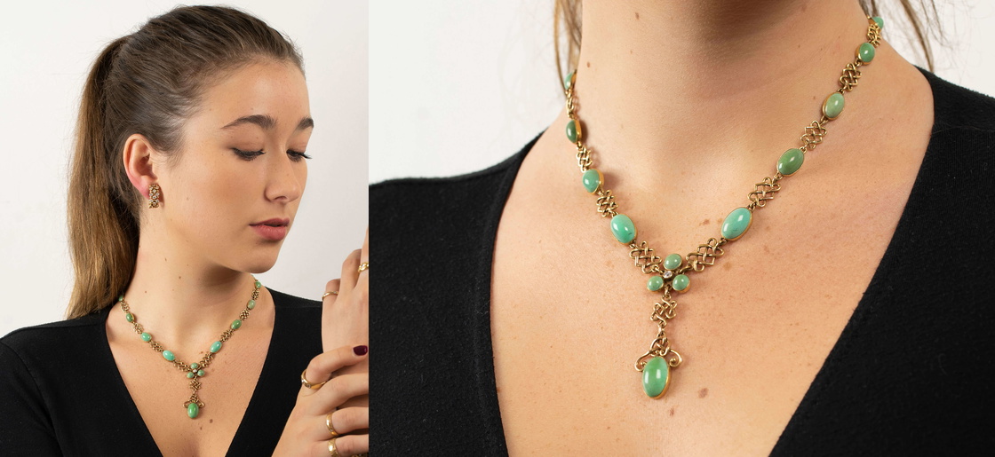 18ct Gold Arts & Crafts Necklace Set With Turquoise & a Diamond