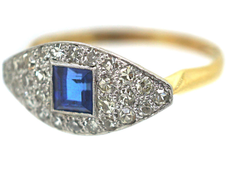 Art Deco 18ct Gold & Platinum Square Cut Sapphire & Diamond Boat Shaped Ring