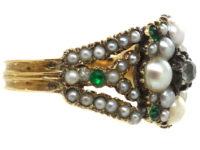 Georgian 15ct Gold, Natural Split Pearl, Diamond & Emerald Cluster Ring