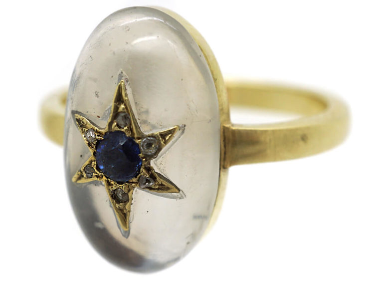 Edwardian 18ct Moonstone, Rose Diamond & Sapphire Ring