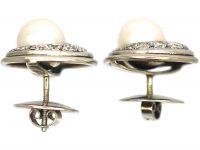 14ct White Gold Round Cultured Pearl & Diamond Crescent Moon Earrings